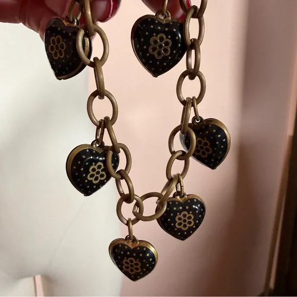 Antique Victorian revival art deco Brass Black enamel Heart Charm bracelet - Picture 16 of 17